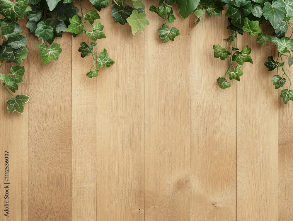 Wooden background with ivy decoration, with copy space for text or product presentation design template. Wooden background with ivy decoration, with copy space for text or product presentation design template.