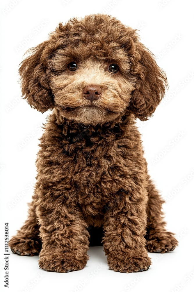 Brown Poodle Puppy Sitting, White Background, Front View, Dog Breed, Pet ,poodle ,puppy Brown Poodle Puppy Sitting, White Background, Front View, Dog Breed, Pet ,poodle ,puppy