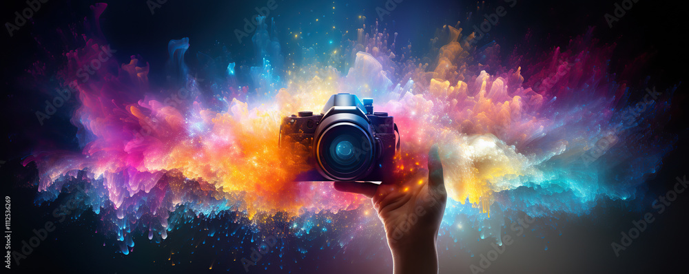 Creative photography with vibrant color burst and hand holding a camera showcasing artistic expression and imagination Creative photography with vibrant color burst and hand holding a camera showcasing artistic expression and imagination