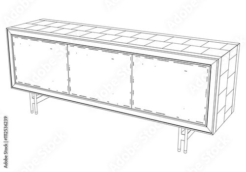 Hand drawn silhouette of mid century dresser. Modern furniture outline drawing. Line art cupboard for trendy interior design. Sketch commode on legs. Vector illustration