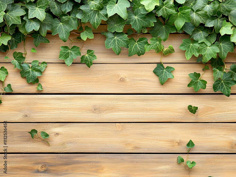Fototapeta premium Wooden background with ivy decoration, with copy space for text or product presentation design template. 