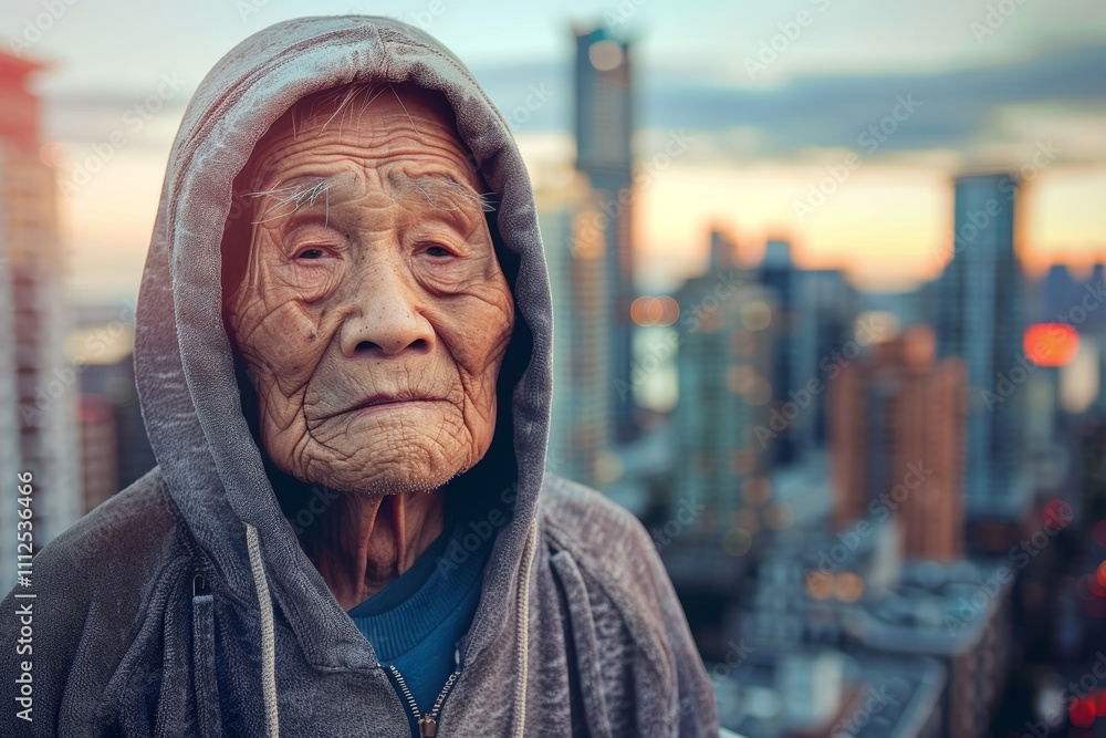Portrait of a happy asian elderly 100 years old man wearing a zip-up fleece hoodie on vibrant city skyline Portrait of a happy asian elderly 100 years old man wearing a zip-up fleece hoodie on vibrant city skyline