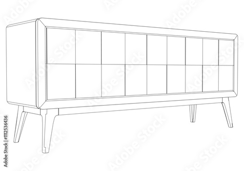 Hand drawn silhouette of mid century dresser. Modern furniture outline drawing. Line art cupboard for trendy interior design. Sketch commode on legs. Vector illustration