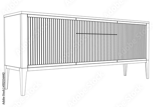 Hand drawn silhouette of mid century dresser. Modern furniture outline drawing. Line art cupboard for trendy interior design. Sketch commode on legs. Vector illustration