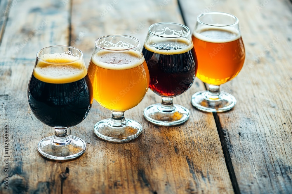 Four Glasses of Beer on Wooden Table, Beer Tasting , Craft Beer Four Glasses of Beer on Wooden Table, Beer Tasting , Craft Beer