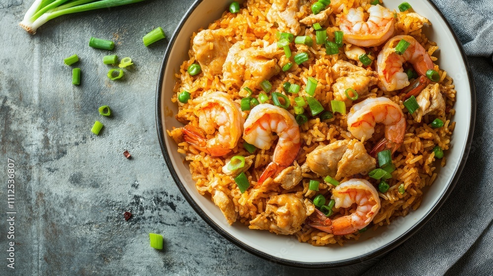 Delicious shrimp fried rice with green onions on a rustic table Delicious shrimp fried rice with green onions on a rustic table