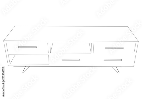 Hand drawn silhouette of mid century dresser. Modern furniture outline drawing. Line art cupboard for trendy interior design. Sketch commode on legs. Vector illustration