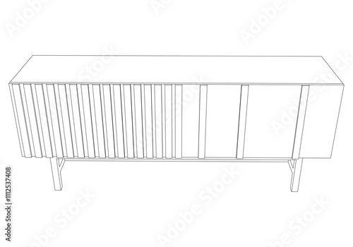 Hand drawn silhouette of mid century dresser. Modern furniture outline drawing. Line art cupboard for trendy interior design. Sketch commode on legs. Vector illustration
