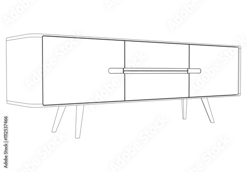 Hand drawn silhouette of mid century dresser. Modern furniture outline drawing. Line art cupboard for trendy interior design. Sketch commode on legs. Vector illustration