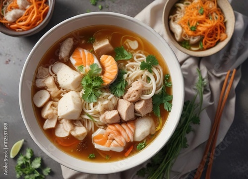 Colorful bowl of Banh Canh with fish and noodles in clear broth , flavorful, garnish, herbs