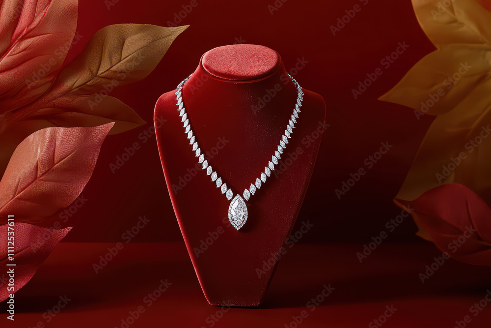 shimmering diamond necklace displayed on velvet stand, surrounded by elegant foliage. intricate design and brilliance of diamonds create luxurious and captivating appearance shimmering diamond necklace displayed on velvet stand, surrounded by elegant foliage. intricate design and brilliance of diamonds create luxurious and captivating appearance