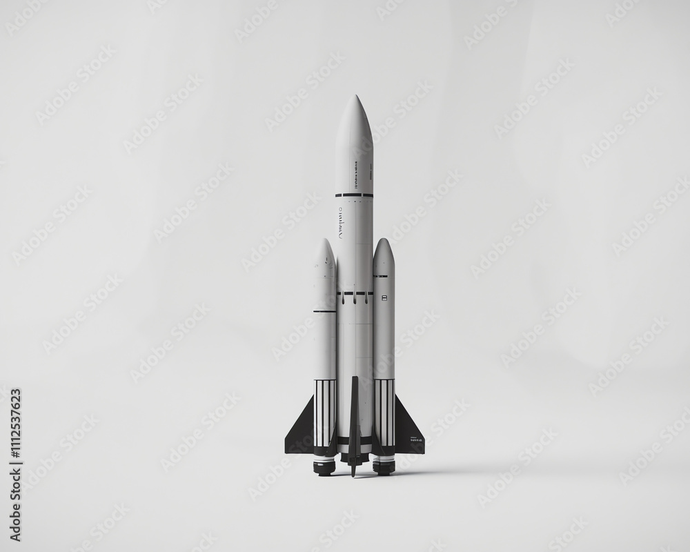 Model rocket launchpad showcasing a futuristic design with three-stage propulsion system in a minimalist setting Model rocket launchpad showcasing a futuristic design with three-stage propulsion system in a minimalist setting