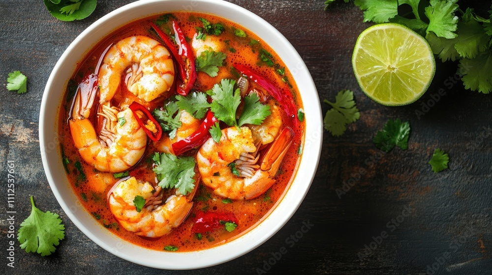 Flavorful Shrimp Soup with Fresh Herbs and Lime on Wooden Table Flavorful Shrimp Soup with Fresh Herbs and Lime on Wooden Table