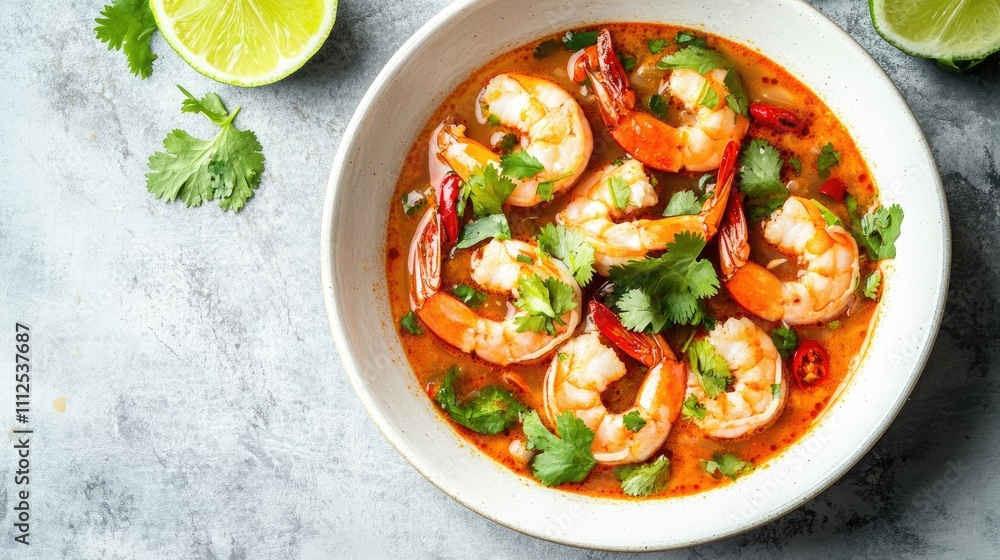 Fresh Shrimp Dish with Spicy Broth and Herbs in Bowl Fresh Shrimp Dish with Spicy Broth and Herbs in Bowl