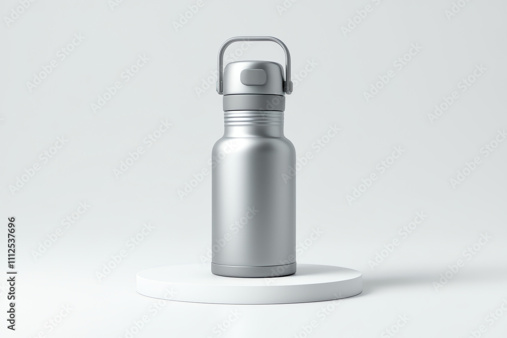 Metal water bottle displayed on a round pedestal in a minimalistic setting Metal water bottle displayed on a round pedestal in a minimalistic setting
