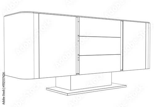 Hand drawn silhouette of mid century dresser. Modern furniture outline drawing. Line art cupboard for trendy interior design. Sketch commode on legs. Vector illustration