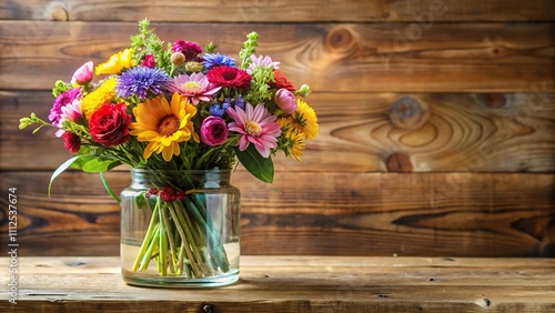 Wallpaper Mural Colorful bouquet of mixed flowers arranged in a large glass container with a natural wood base, colorful arrangement, seasonal flowers Torontodigital.ca