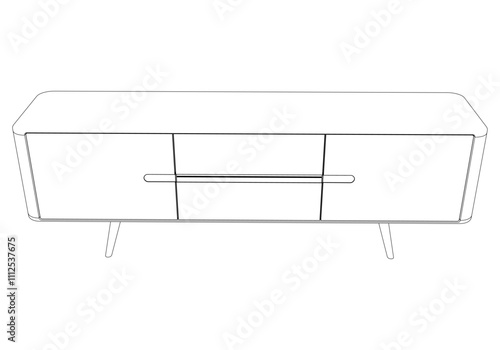 Hand drawn silhouette of mid century dresser. Modern furniture outline drawing. Line art cupboard for trendy interior design. Sketch commode on legs. Vector illustration