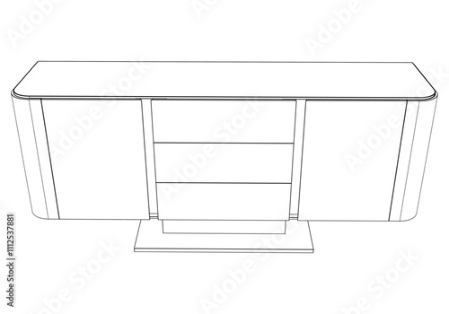 Hand drawn silhouette of mid century dresser. Modern furniture outline drawing. Line art cupboard for trendy interior design. Sketch commode on legs. Vector illustration