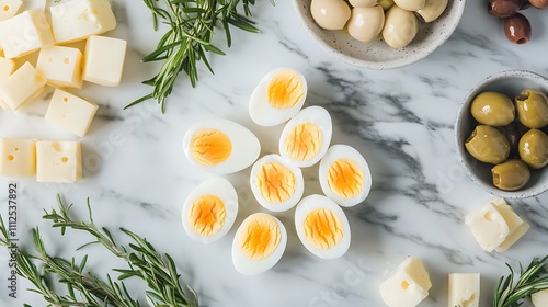Wallpaper Mural A clean eating setup with a selection of low-carb snacks like boiled eggs, olives, and cheese cubes on a marble countertop  Torontodigital.ca