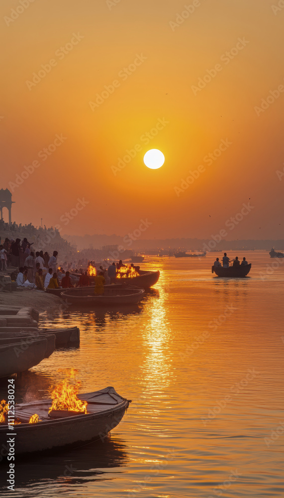 serene sunset over Ganges River, with boats and devotees performing rituals. warm glow of sun reflects on water, creating peaceful atmosphere serene sunset over Ganges River, with boats and devotees performing rituals. warm glow of sun reflects on water, creating peaceful atmosphere