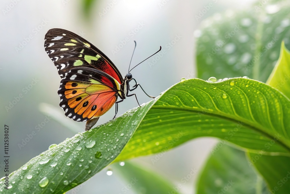Colorful butterfly perched on a leaf with dew drops glistening in the morning light, insect, leaves Colorful butterfly perched on a leaf with dew drops glistening in the morning light, insect, leaves