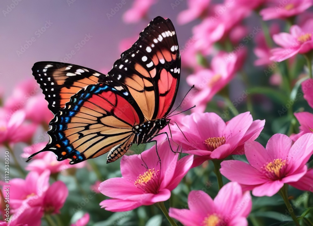Colorful butterfly perched on a vibrant pink flower petal, garden, petals Colorful butterfly perched on a vibrant pink flower petal, garden, petals