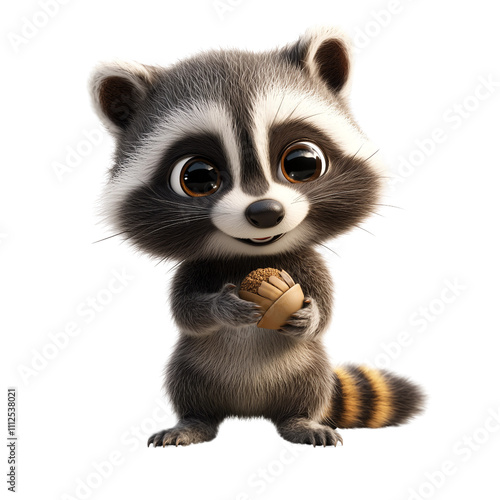 Charming Cartoon Raccoon Holding an Acorn with Innocent and Playful Appeal