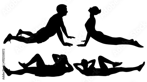 Vector silhouettes of man and woman doing stretching and yoga exercises. Fitness illustration.