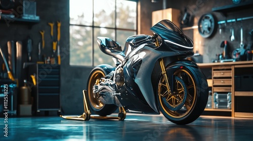 Custom super bike with sleek paintwork parked in a garage, surrounded by tools and equipment photo