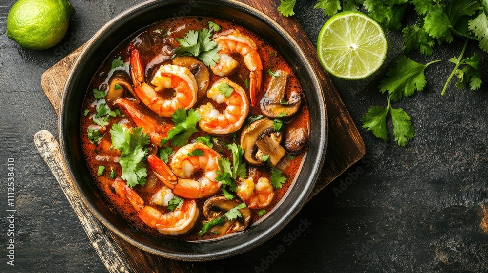 Savory Shrimp and Mushroom Soup with Fresh Herbs and Lime Wedges Savory Shrimp and Mushroom Soup with Fresh Herbs and Lime Wedges