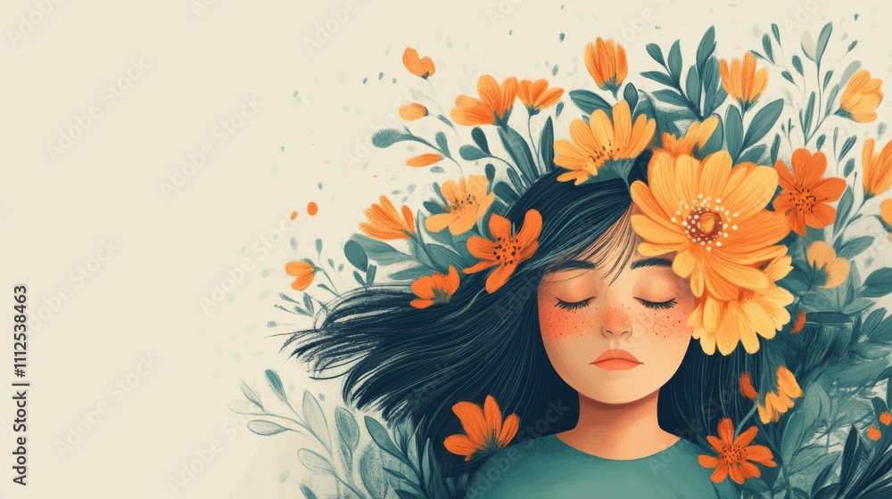 Woman with flowers and green leaves Woman with flowers and green leaves