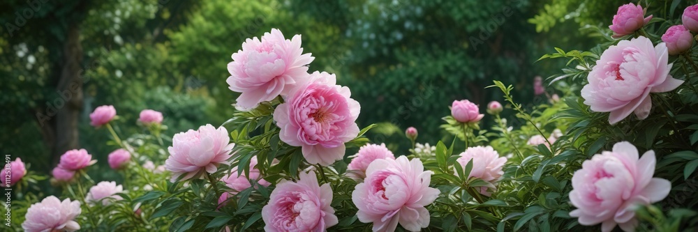 Pink peonies and roses in a lush greenery setting with natural background , nature scenery, pink peonies Pink peonies and roses in a lush greenery setting with natural background , nature scenery, pink peonies