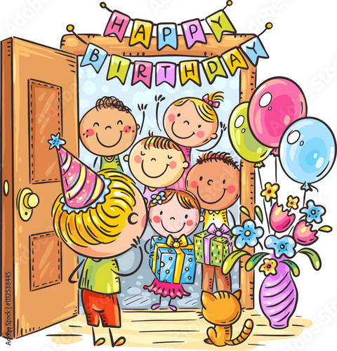 Cartoon kids birthday party. Greeting card, happy children celebrating birthday with balloons and gifts