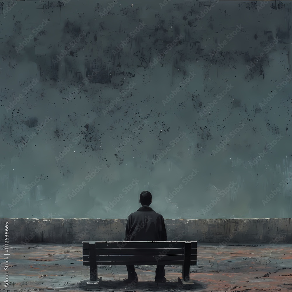 Man Sitting Alone on Bench in Solitude Man Sitting Alone on Bench in Solitude