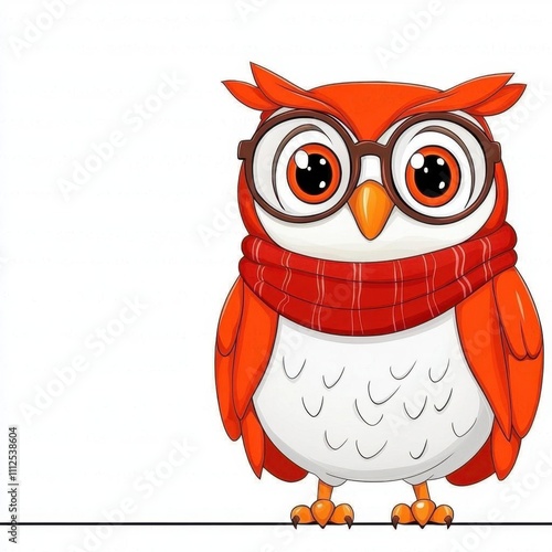 Cute cartoon illustration of a smiling Christmas owl wearing a festive scarf with big joyful eyes, isolated white background. photo