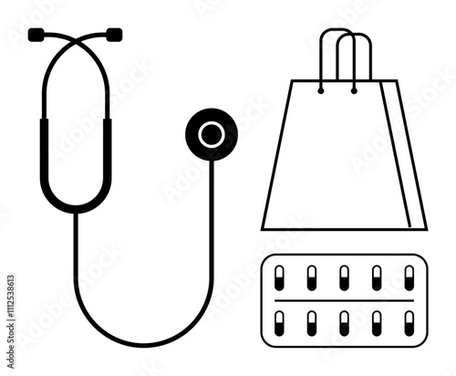 Stethoscope paired with a shopping bag and blister pack of medication. Ideal for healthcare services, medical retail, pharmacy promotions, online medical stores, wellness shopping, healthcare access