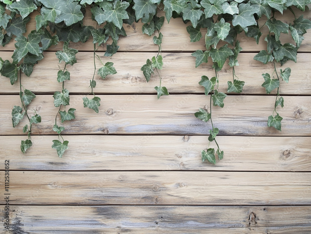 Fototapeta premium Wooden background with ivy decoration, with copy space for text or product presentation design template. 