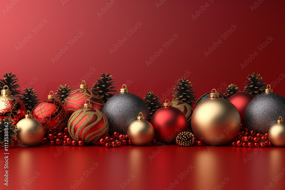 A red background with a bunch of gold and red Christmas ornaments A red background with a bunch of gold and red Christmas ornaments