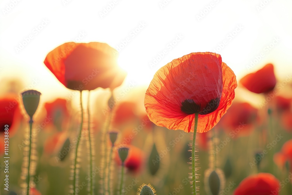 Fototapeta premium A colorful field of red poppies surrounded by lush greenery, captured during sunset