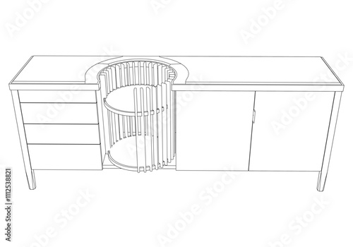 Hand drawn silhouette of mid century dresser. Modern furniture outline drawing. Line art cupboard for trendy interior design. Sketch commode on legs. Vector illustration