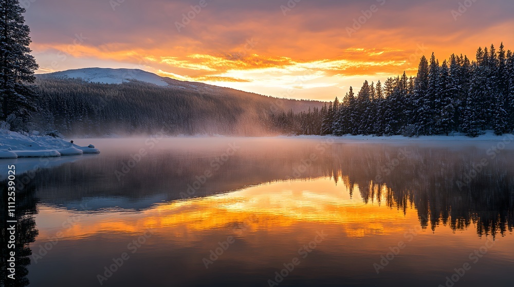 Stunning Sunset Reflection Over a Tranquil Lake Surrounded by Snowy Pines and Mountains, Capturing the Essence of Winter's Beauty in Nature Stunning Sunset Reflection Over a Tranquil Lake Surrounded by Snowy Pines and Mountains, Capturing the Essence of Winter's Beauty in Nature