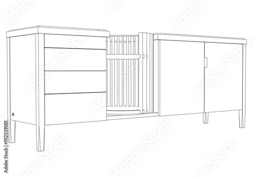 Hand drawn silhouette of mid century dresser. Modern furniture outline drawing. Line art cupboard for trendy interior design. Sketch commode on legs. Vector illustration