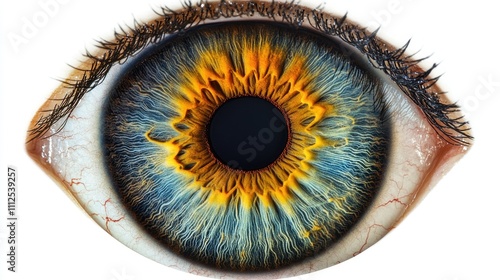 Detailed human eyeball model, vibrant iris and realistic sclera, isolated on clean white background, anatomical precision