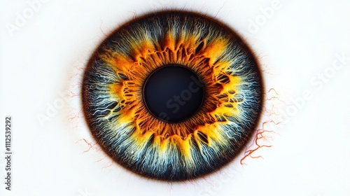 Detailed human eyeball model, vibrant iris and realistic sclera, isolated on clean white background, anatomical precision