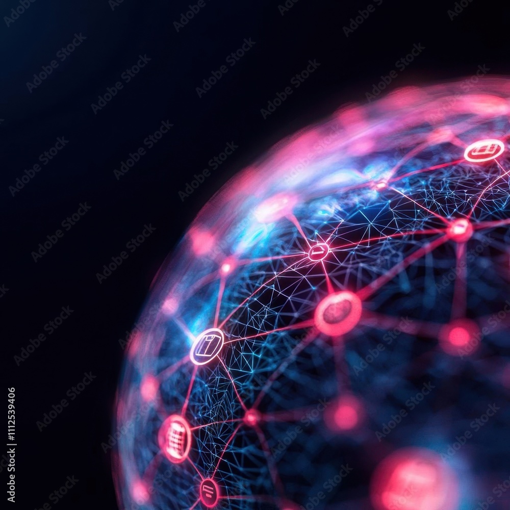 Abstract globe with insurance symbols, glowing network of policy coverage Abstract globe with insurance symbols, glowing network of policy coverage