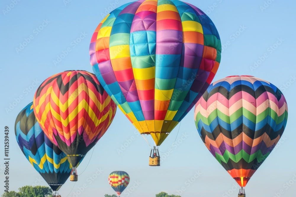 Naklejka premium Colorful hot air balloons soaring in the clear blue sky, a beautiful aerial display