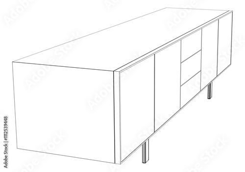 Hand drawn silhouette of mid century dresser. Modern furniture outline drawing. Line art cupboard for trendy interior design. Sketch commode on legs. Vector illustration