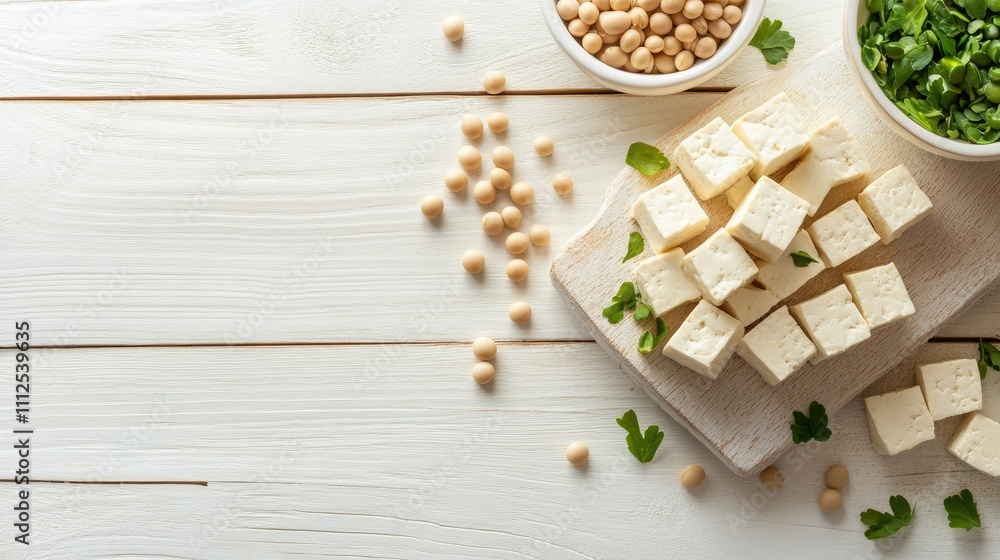 Fresh Tofu Cubes with Green Herbs and Soybeans on Wooden Surface Fresh Tofu Cubes with Green Herbs and Soybeans on Wooden Surface