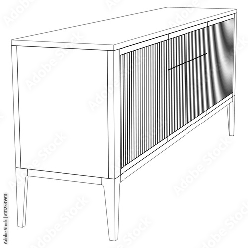 Hand drawn silhouette of mid century dresser. Modern furniture outline drawing. Line art cupboard for trendy interior design. Sketch commode on legs. Vector illustration